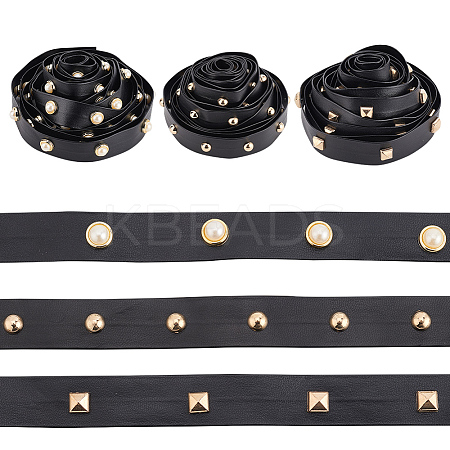 3 Styles Brass Round & Square & Imitation Pearl Stud Black PU Leather Trimmings DIY-AR0003-78-1