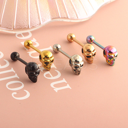 Skull 304 Stainless Steel Straight Barbell 15 Gauge Piercing Tongue Rings for Women Men FS-WG07D05-04-1
