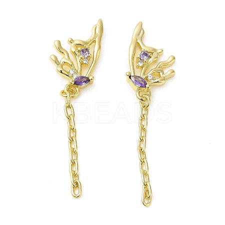 Purple Cubic Zirconia Butterfly Dangle Stud Earring EJEW-H092-09G-1