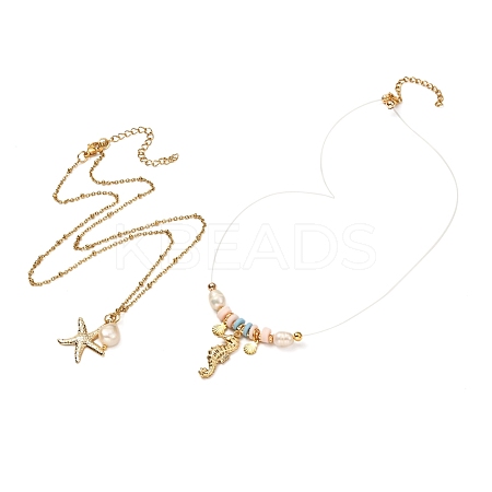 Starfish & Sea Horse & Shell Pendant Necklaces for Teen Girl Women NJEW-JN03715-01-1