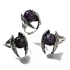 Natural Amethyst Wings Adjustable Rings RJEW-K241-04AS-08-4