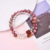 Round Natural Fresh Water Pearl & Red Agate Rhodonite & Quartz Crystal Beaded  Wrap Bracelets for Men Women BJEW-T022-07-1