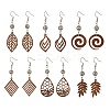 6 Pairs 6 Styles Natural Walnut Wood with Alloy Bead Dangle Earrings for Women EJEW-JE06102-1