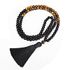 Black Obsidian & Tiger Eye 108 Mala Prayer Round Beaded Wrap Necklaces with Long Tassel FS-WG54ED5-02-2