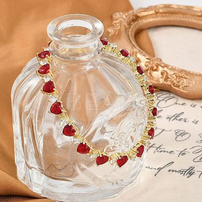 Brass Micro Pave Red Cubic Zirconia Link Chain Bracelets for Women BJEW-M047-01A-1