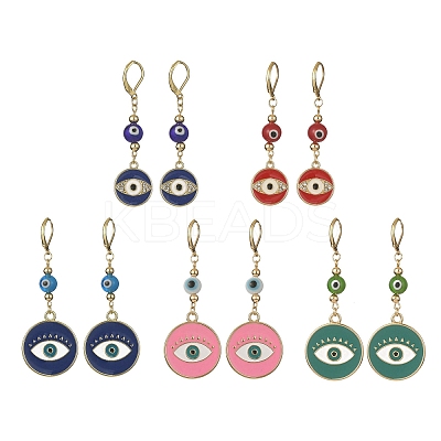Alloy Enamel Flat Round Dangle Leverback Earrings with Brass Pins EJEW-JE05383-1