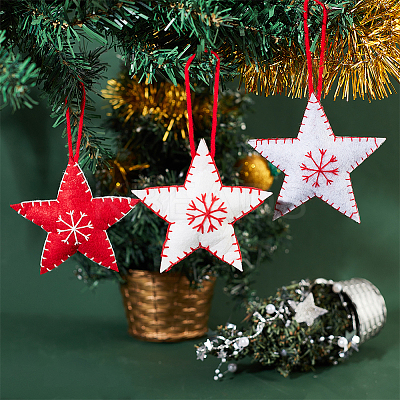 6Pcs 3 Colors Star with Snowflake Felt Fabric Pendant Decoration HJEW-CP0001-09-1