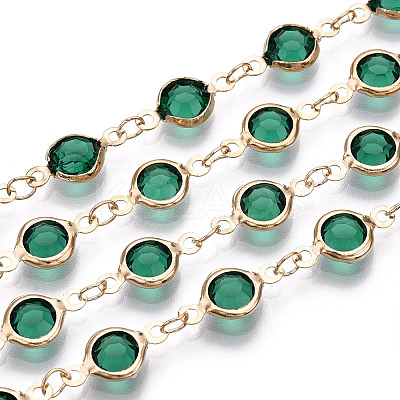 Medium Sea Green Faceted Glass Beaded Flat Round Link Chains KK-TAC0020-02G-RS-1