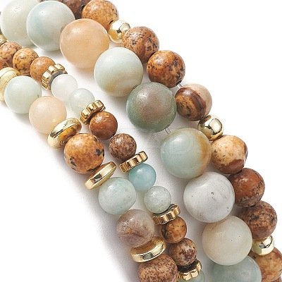 Natural Flower Amazonite & Picture Jasper Beaded Stretch Bracelets Sets with Non-Magnetic Synthetic Hematite BJEW-JB09280-1