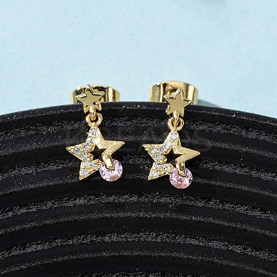 Brass Micro Pave Cubic Zirconia Star Dangle Stud Earrings EJEW-K267-22G-1