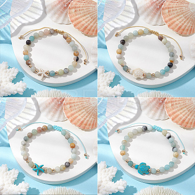 4Pcs 4 Style Natural Flower Amazonite Round Beaded Braided Bead Bracelets Sets BJEW-SC0001-51-1