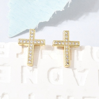 Cross Brass Micro Pave Clear Cubic Zirconia Stud Earrings EJEW-C186-18G-01-1