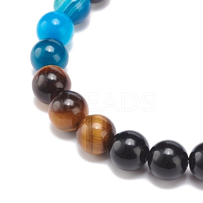 Natural Agate & Tiger Eye & Black Onyx Round Beaded Stretch Bracelet BJEW-JB08400-02-1