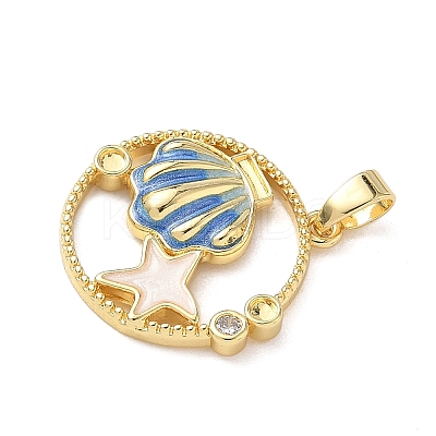 Flat Round with Shell Shape Brass Micro Pave  Clear Cubic Zirconia Pendant Cabochon Settings KK-P334-17G-01-1
