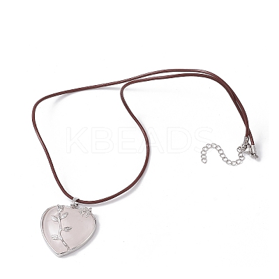 Natural Rose Quartz Heart Pendant Necklace with Cowhide Leather Cords NJEW-JN04598-02-1