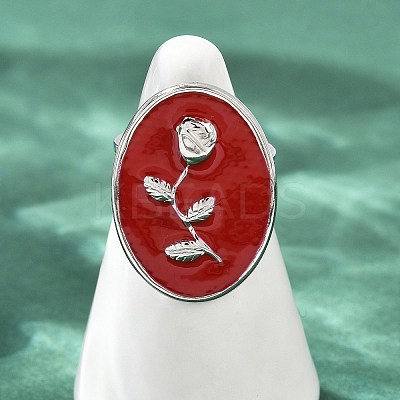Oval with Rose Pattern 304 Stainless Steel Enamel Finger Rings for Women RJEW-G355-10P-02-1