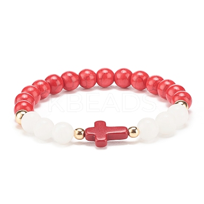 Natural White Jade & Synthetic Turquoise(Dyed) Stretch Bracelet with Cross BJEW-JB08295-04-1
