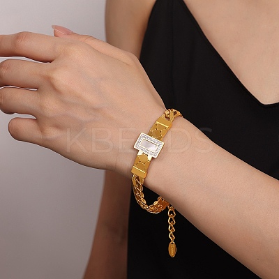 Natural Shell & Cubic Zirconia Rectangle Link Bracelet BJEW-Q775-04G-1