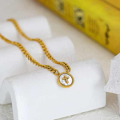 304 Stainless Steel & Natural White Shell Coin Pendant Curb Chain Necklaces for Women WG4C473-01-1