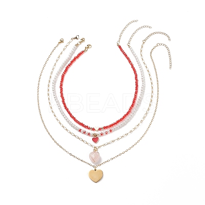 4Pcs 4 Style Natural Rose Quartz & 304 Stainless Steel & Alloy Enamel Pendant Necklaces Set NJEW-JN04069-1