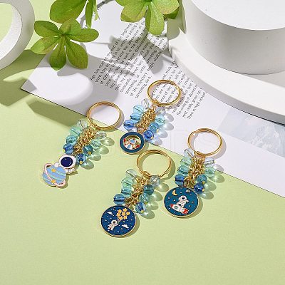 4Pcs Flat Round/Spaceman Alloy Enamel Pendant Keychain KEYC-JKC00412-03-1
