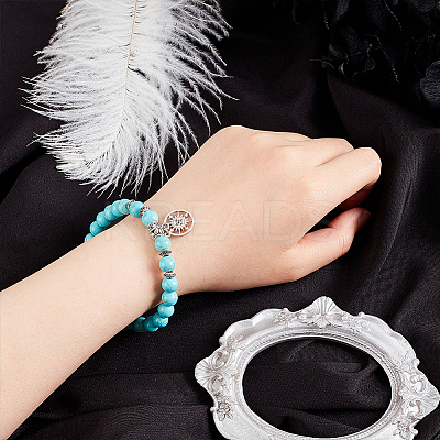 Synthetic Turquoise Beaded Stretch Bracelet with 304 Stainless Steel Compass Charms BJEW-OC0001-17-1