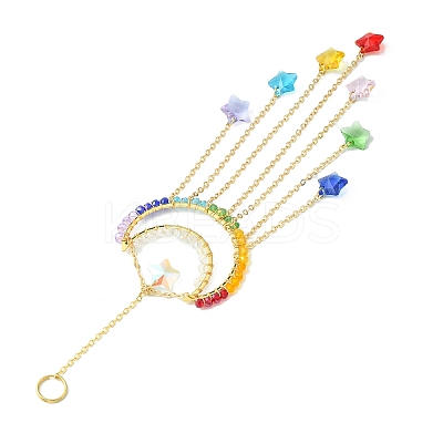 Star & Moon Copper Wire Wrapped Glass Pendant Decorations HJEW-JM01144-1