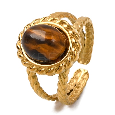 Oval Natural Tiger Eye Finger Rings RJEW-Q822-25G-01-1