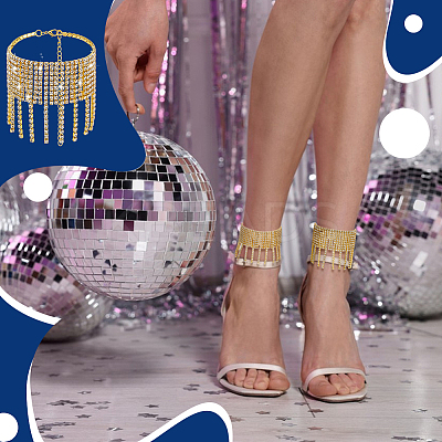 2Pcs Bohemian Brass Full Crystal Rhinestone Tassel Anklets for Women AJEW-PH0007-81G-1