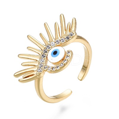Clear Cubic Zirconia Evil Eye Wide Open Cuff Ring with Enamel for Women RJEW-N035-098C-1