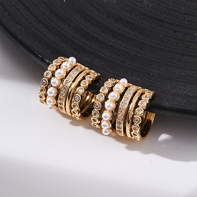 Multilayer C-Shaped Brass Micro Pave Clear Cubic Zirconia Cuff Earrings EJEW-Z127-03G-1