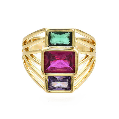 Colorful Cubic Zirconia Triple Rectangle Open Cuff Ring X-RJEW-N037-013-02LG-1