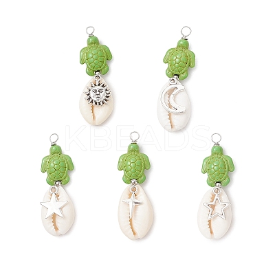 15Pcs 15 Styles Natural Cowrie Shell & Dyed Synthetic Turquoise Turtle Copper Wire Wrapped Pendants PALLOY-JF04034-1