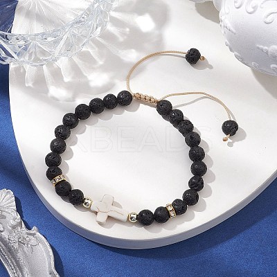 Adjustable 6mm Round Natural Lava Rock Braided Bead Bracelets BJEW-JB10615-01-1