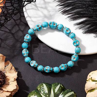 Halloween Dyed Synthetic Turquoise Skull & Round Beaded Stretch Bracelets for Men Women BJEW-JB12255-02-1