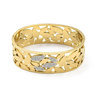 304 Stainless Steel Pave Crystal Rhinestone Hollow Out Leaf Hinged Bangles for Women BJEW-D044-03B-G-1