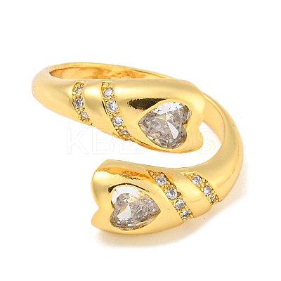 Brass Micro Pave Clear Cubic Zirconia Heart Open Cuff Rings for Women RJEW-L121-040G-1
