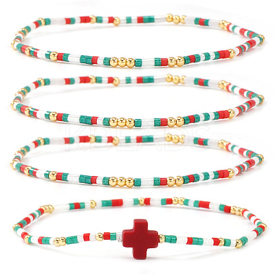 4Pcs Bohemian Summer Cross & Glass Seed Bead Beaded Stretch Bracelet Sets BE5944-5-1