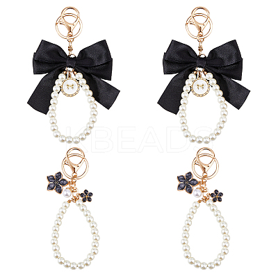 4Pcs 2 Styles Alloy Enamel Flower & Cloth Bowknot Pendant Keychains AJEW-HS0001-25B-1