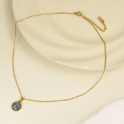 Stylish 304 Stainless Steel Pave Natural Paua Shell Flat Round Pendant Necklaces Simple Design Jewelry DP7329-3-1