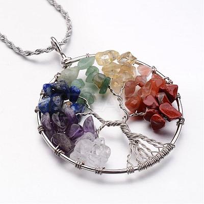 Tree of Life Mixed Stone Big Pendants Necklaces NJEW-JN01684-1