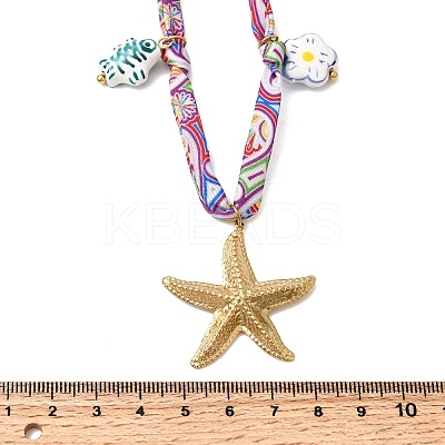 304 Stainless Steel Starfish Sun Heart & Ceramic Fish Flower Pendant Printed Polyester Cord Necklaces for Women NJEW-A063-08G-1