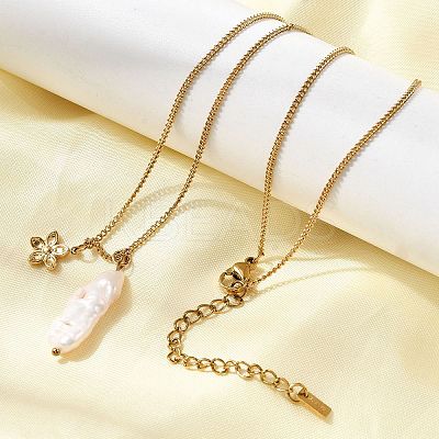 Natural Freshwater Keshi Pearl Stick & 304 Stainless Steel Flower Pendant Necklaces for Women NJEW-K255-55G-1