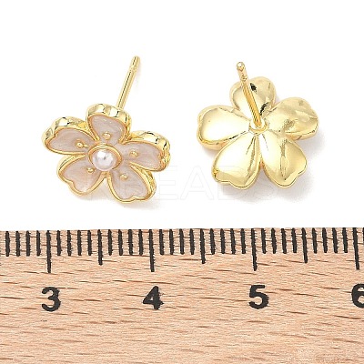 Flower Brass & ABS Plastic Pearl Stud Earrings EJEW-P336-07G-01-1