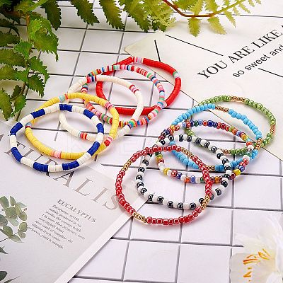 10Pcs 10 Style Handmade Polymer Clay Heishi Surfer Stretch Bracelets Set BJEW-SW00048-1