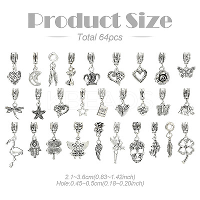 64Pcs 30 Styles Tibetan Style Alloy European Dangle Charms FIND-YW0006-73-1