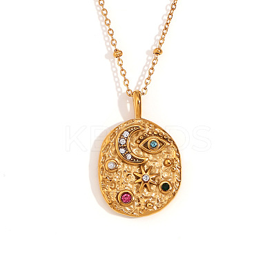 304 Stainless Steel Colorful Rhinestone Oval with Moon Star Pendant Necklaces for Women WG3D517-01-1