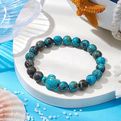 Summer Beach Turtle Dyed Synthetic Turquoise & Round Ocean Jasper Beaded Stretch Bracelets for Women BJEW-JB10937-01-1