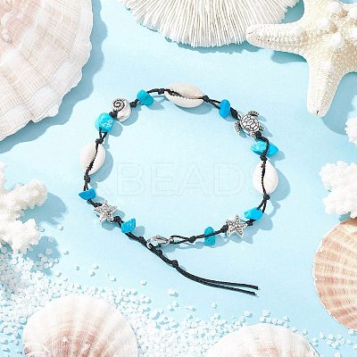 3Pcs 3 Styles Beach Starfish Turtle Synthetic Magnesite & Turquoise & Natural Cowrie Shell Beaded Anklets AJEW-AN00687-1