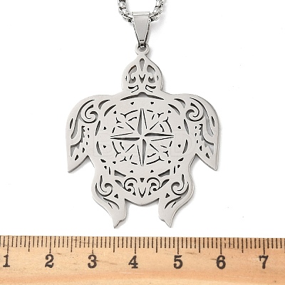 201 Stainless Steel Hollow Cut Compass Turtle Pendant Necklaces LS-NJEW-H065-04P-1